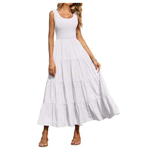 PRETTYGARDEN Sleeveless Casual Shirred Tank Top Maternity Dress Boho Tiered Maxi Dress Spring Dresses for Women 2023 Sundress (White,Small)