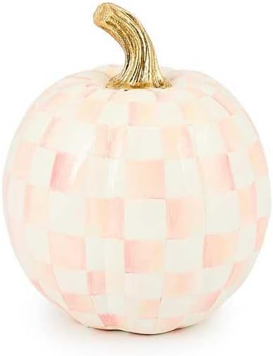MACKENZIE-CHILDS Pumpkin, Resin Halloween and Fall Decor, Small, Pink-and-White Rosy Check