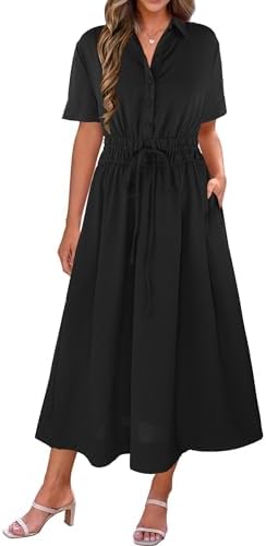 ECOWISH Summer Maxi Dress for Women Casual Flowy V Neck Short Sleeve A Line Empire Waist Tiered Long Dresses with Pockets