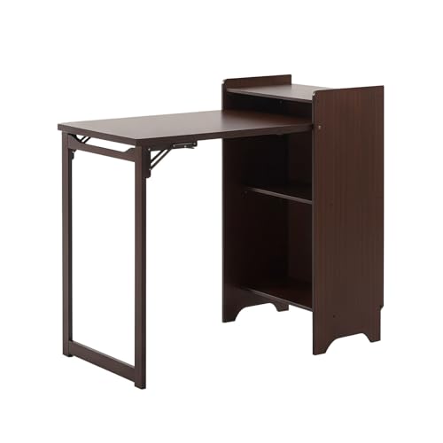 Lauft Collapsible Bamboo Wood Folding Computer Desk Workstation w/Built-in Bookshelf,Fold-Out Convertible Writing Desk Storage Cabinet, Easy Assembly & Modern Space-Saving Design for Home Office