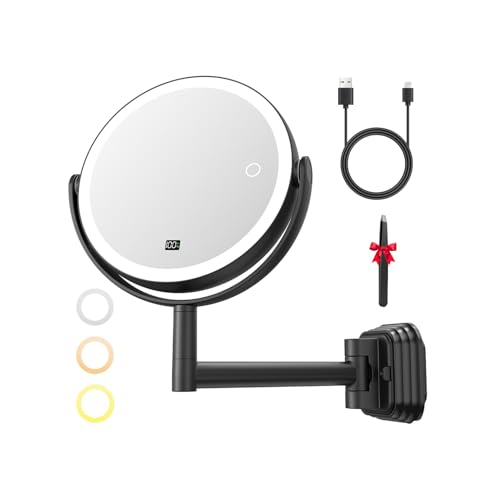 Auxmir 7 Wall Mounted LED Makeup Mirror for Bathroom 1X/30X Double-Sided Magnifying Mirror Rechargeable with Battery Level Display Touch Dimmable & 3 Color Lights with 360 Rotation