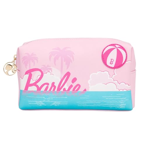 Impressions Vanity Barbie Coastal Print Cosmetic Pouch for Women, Coastal Print Artwork Travel Makeup Bag Organizer with Inner Zipper, Exterior Back Pocket, and Faux Saffiano Leather (Pink)4