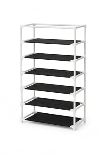 Image of GOLABROS Shoe Rack with Cover | Plastic Rack 6 Shelves with Zip Cover & Side Pockets | Dustproof Multiuse Storage Organizer for Footwear, Toys, Shoe Rack Plastic, Slipper Stand, Black