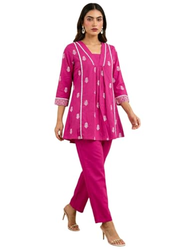 Image of Women's Pure Cotton Kurta Sets for Woman, Schiffli Embroidered Co ord Set for Women Stylish, Kurti Set for Woman, Ethnic Short Kurti and Pant Set