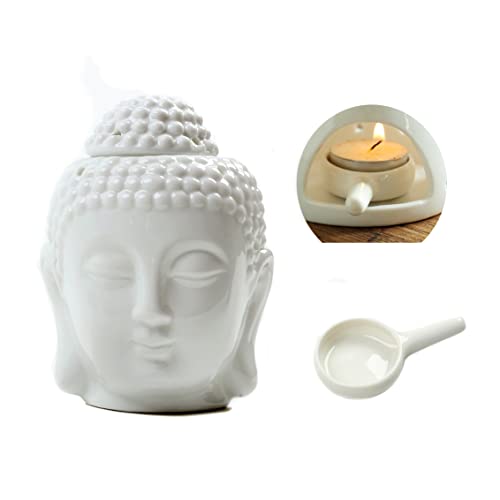 Homeanda Weißer Keramik-Buddha-Kopf mit Kerzenlöffel, Wachsschmelzbrenner, Öldiffusor, Teelichthalter, Buddha-Ornament für Yoga, Spa, Zuhause, Schlafzimmer, Dekoration (weiß) Cover