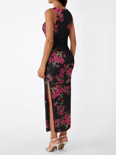 Image of Trendy Queen Bodycon Maxi Dress Womens Sleeveless Floral Print Fitted Party Club Ruched Dresses with Side Slit