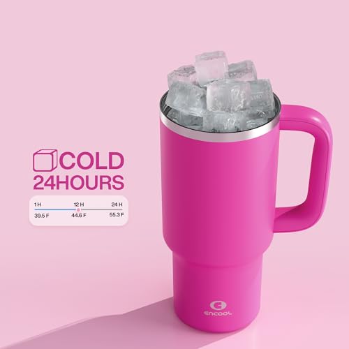 Image of ENCOOL 32 oz Tumbler with Handle and Straw: Stainless Steel Insulated Tumbler Keeps Cold for 24 Hours, Leakproof Travel Cup Fits in Cup Holder and BPA-Free,Persian Rose