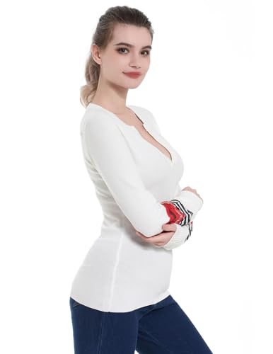 Image of AmelieBoutik Women Notch Neck Long Sleeve Fair Isle Cuff Sweater Top(White Large)