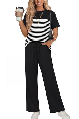 Two Piece Set for Women Spring Summer Outfits Travel Cruise Essentials Resort Wear 2026 Beach Vacation Clothes Trendy 2 Piece Lounge Sets Short Sleeve Matching Fashion Clothing Wide Leg Pants L