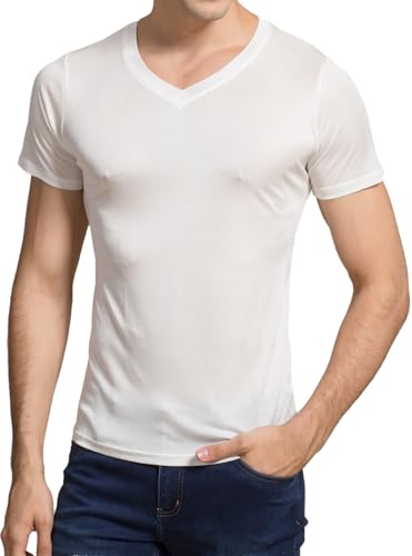 Mens Mulberry Silk T Shirt V Neck TEE Shirts Short Sleeve Undershirt Lightweight Knit Silk Workout Shirts Blouse Tops3