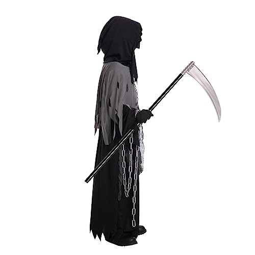 Lomesion Grim Reaper Costume for Kids,Phantom Halloween Costume with Red Glowing Eyes,Skull Gloves Scythe included, Gray-black, Medium (8-10yr)