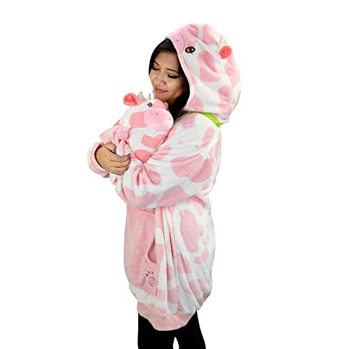 Image of Wearable Blanket Hoodie for Adults - Oversized Plush Hoodie with Sleeves & Pocket, 2-in-1 Comfy Blanket Pillow, Strawberry Cow