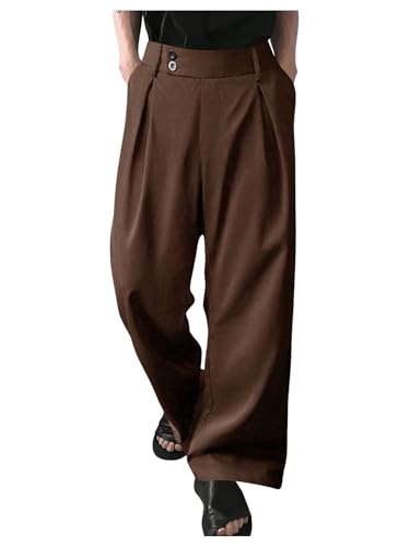 Milumia Men's Pleat Front Wide Leg Long Pants Button Loose Casual Pants