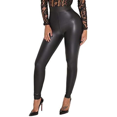 HOMEBABY Women High Waist Leather Leggings Push Up Casual Wild Solid Slim Fit Trousers Support Pencil Pants Black Cover