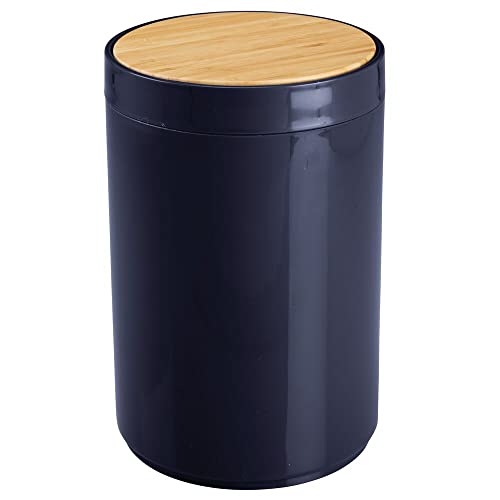 mDesign Small Round Plastic Trash Can Wastebasket, Garbage Bin Container w/Swing-Close Lid; Kitchen, Bathroom, Office, Bedroom; Holds Waste, Recycling,1.3 Gallon - Navy Blue/Natural