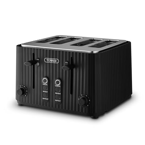 Tower ECOFORM 900W 4 Slice Toaster Made from Recycled Plastic 6 Browning Levels Independent Dial Controls Defrost/Reheat/Cancel Functions Self-Centring Function Black T20103BLK
