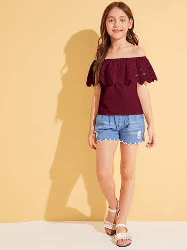 Image of WDIRARA Girl's Folklorico Shirt Off Shoulder Ruffle Trim Lace Blouse Tops | Short Sleeve, Mexican Blouse, Dressy Peasant Tee, Casual