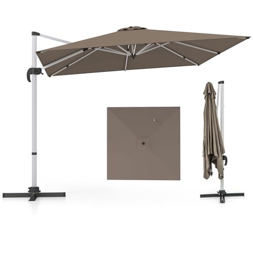 COSTWAY 3M Cantilever Garden Parasol, Square Offset Banana Umbrella with Tilted Design, 360° Rotation, Crank Handle & Cross Base, 8-Rib Outdoor Hanging Sun Shade for Patio Market (Tan)