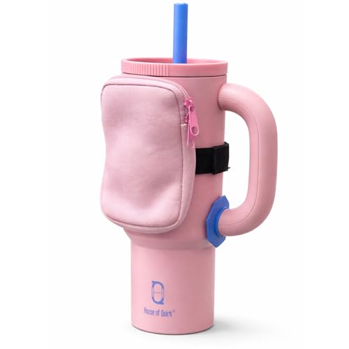 Image of House of Quirk Water Bottle Carrier Bag for Cards, Key 40 /30 oz Tumbler Neoprene Water Bottle Holder Pouch with Adjustable Strap (Pink)