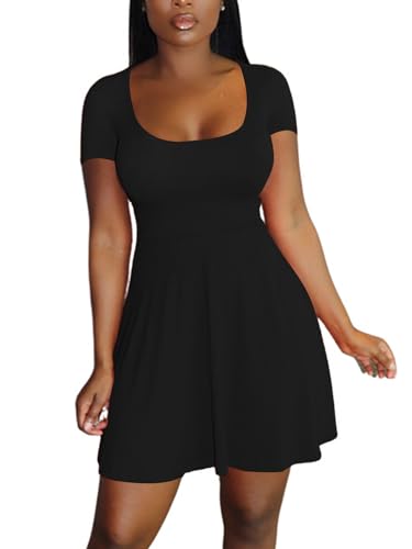 LYANER Women's Scoop Neck Short Sleeve Ruffle Hem A Line Flare Mini Basic Dress