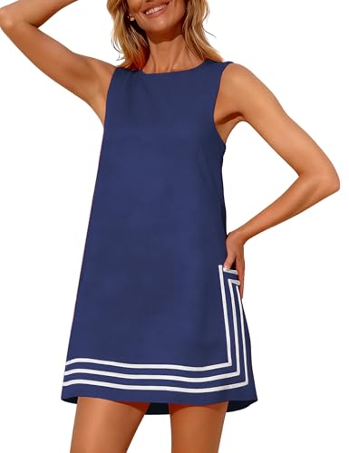 Image of Womens Summer Boho A-Line Mini Dress Sleeveless Sundress Color Block Beach Coverups
