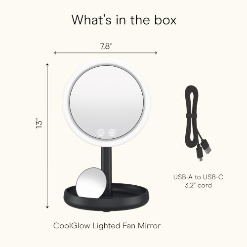 Conair CoolGlow Lighted Fan Mirror – Lighted Makeup Mirror with Magnification & Cooling Fan, 1x & 10x Magnifying Mirror with Light, 3 Brightness Levels, Makeup Mirror, 180° Tilt, USB C Corded, Black - image 8