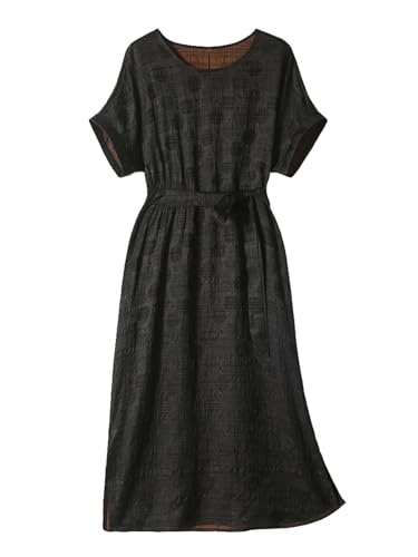 Robe jacquard en soie femme HangErFeng 5072 col bateau texture florale midi