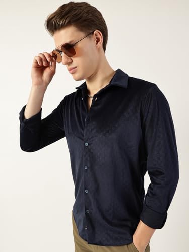 Image of Thomas Scott Men's | Solid | Textured Fabric | Full Sleeve | Slim Fit | Polyester-Blend | Spread Collar | Casual Shirt