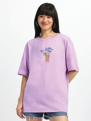 Image of JUNEBERRY Pure Cotton Oversized Baggy Fit Round Neck Drop Shoulder Swan White Back Graphic Printed T-Shirt for Women /Girls