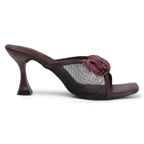 Image of Dely Bely Women's Black Floral Embellished Heels | Stylish Slip-On Party Sandals with Comfortable Heel for Wedding, Festive & Casual Wear