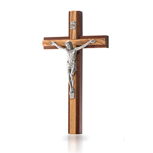 Crucifijo de pared moderno de caahoni, soporte de madera de olivo, cuerpo de metal plateado, 25 cm