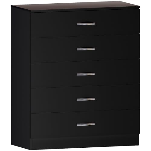 Vida Designs Noir Commode, 5 tiroirs avec poignées en métal et Coureurs, Unique Anti-Bowing tiroir Support, Riano Chambre à Coucher Meubles de Rangement