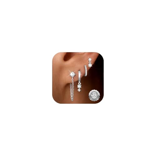 Kenivira Sterling Silver Plated Earrings Set for Women Trendy,Pearl Stud Huggie Dangle Chain Earring Stacks Hypoallergenic, Cute Small CZ Hoop Earring Sets for Multiple Piercing - image 1