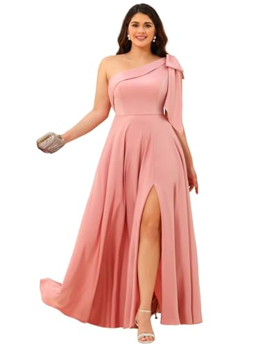 RSOETOO One Shoulder Bridesmaid Dresses with Slit Long Satin Formal Dress with Bow RO1964