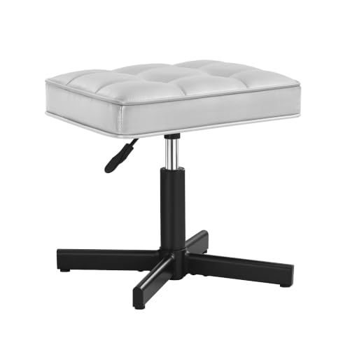 Image of LUE BONA Adjustable Vanity Stool, 15''-19.5'' Foot Rest Under Desk, 360 Swivel Vanity Chair for Makeup Room, Silver Upholstered Faux Leather Ottoman for Bathroom & Living Room, 300lbs