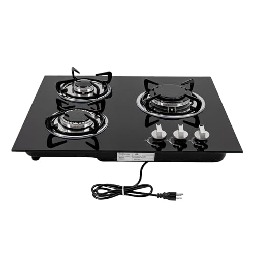 3-Burner Gas Hob Stove, Natural Gas Cooktop, Tempered Glass Panel & Auto Flameout Protection, for Indoor/Outdoor Kitchen Black, Embedded/Tabletop Installation