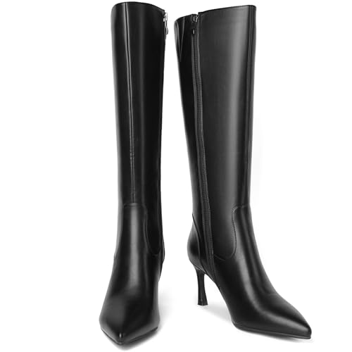 Knee High Boots Women Pointed Toe Stiletto High Heel Boot for Women Sexy Side Zipper Leather Tall Calf Boots