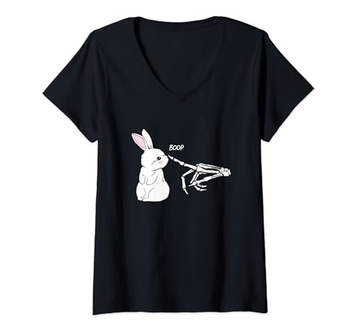 Mujer Esqueleto Mano Boop Conejo Conejo Divertido Día de Pascua Camiseta Cuello V