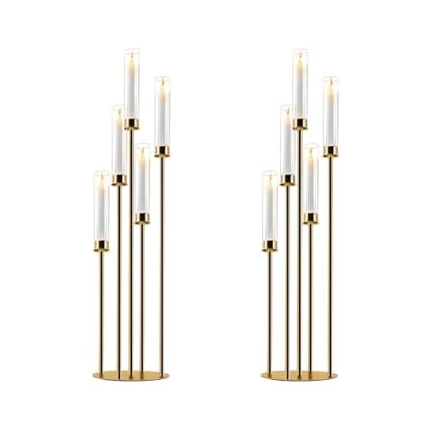 Gold Candelabra with Glass Cylinders for Real Candles 5 Arms Metal Candle Holder Wedding Event Party Home Decoration Centerpiece (2, M) Cover