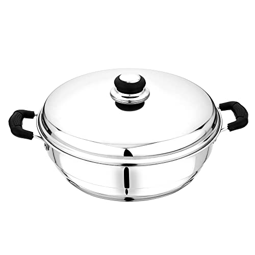 Pristine Stainless Steel Tri Ply Induction Compatible Base Multi Purpose Kadai with Steel Lid & 5 Plates, 27 cm / 4.750Ltrs, (2 Idli Plates, 2 Dhokla,1 Patra Plates), Silver