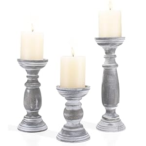 Rustic Wooden Pillar Candle Holders Set of 3, 12” 9” 6” Farmhouse Wood Candle Stand for Table Centerpieces, Vintage Tall Candleholders Fireplace Mantel Decor for Living Room, Grey