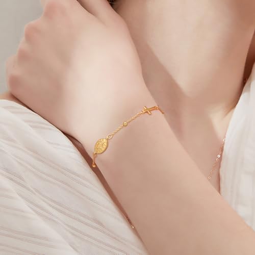 Gold Bracelets for Women 14K Gold Bracelets for Women Beaded Bracelet for Womens Combination of Beads Cross and Tiny Virgin Mary Badge Cross Bracelet for Womens2
