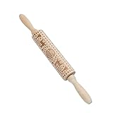 Wooden Rolling Pin, Ergonomics Wood Christmas Rolling Pin with Christmas Reindeer Pattern for Baking Embossed Cookies Kitchen Tool for Kids and Adults