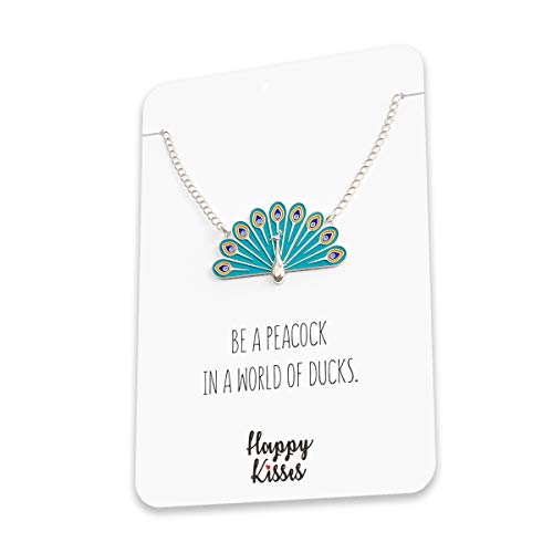 Happy Kisses Peacock Necklace with Gift Card– Stunning Teal Blue Feathers Jewelry Pendant, Silver or Gold Plated – Charm for Girls and Women4
