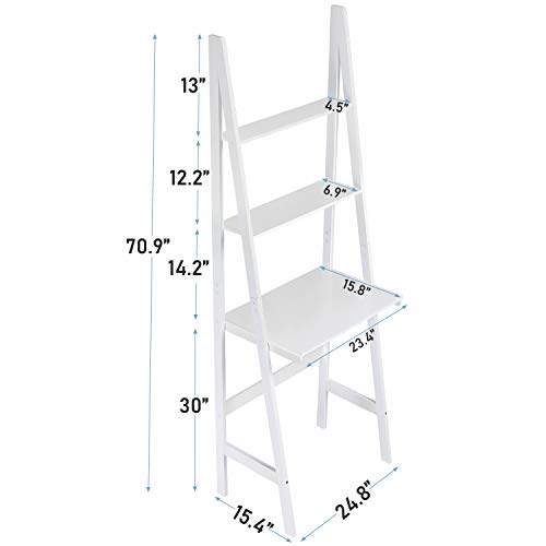 Itaar 3-Tier Ladder Desk, Ladder Stand Shelf Bookcase with Storage Shelves, Study Wall Shelf with Wooden Frame, Modern Ladder Computer Desk and Bookshelf for Home Office, White