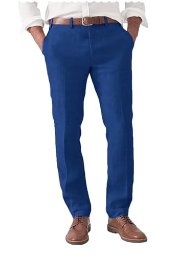 Men's Casual Flat Front Linen Blend Dress Pant Loose Summer Beach Wedding Trousers