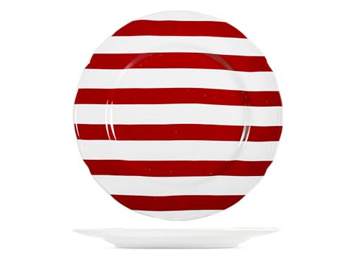 H&H Lot de 6 assiettes plates rubis en Stoneware – Ø 27 cm – Décoration rayures blanches et rouges – Lavables au lave-vaisselle et utilisables au...