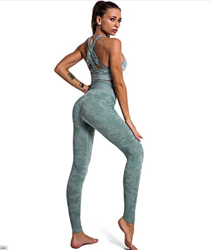 CrisKat Chándal mujer Conjunto deportivo mujer Pantalón Deportivo de Mujer Cintura Alta Leggings para Running Fitness Yoga Leggings (Conjunto Camuflaje Verde, XS-S)