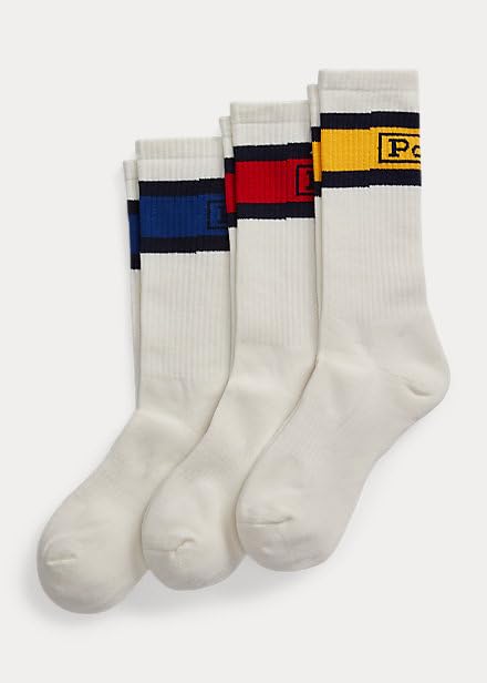 POLO RALPH LAUREN Big & Tall Classic Vintage White Stripe Cuff Crew Sock 3-Pack Polo Logo Spellout Big Tall Socks2