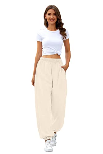 Women's Cinch Bottom Sweatpants Pockets High Waist Sporty Gym Athletic Fit Jogger Pants Lounge Trousers (Beige, Large) #TOP1